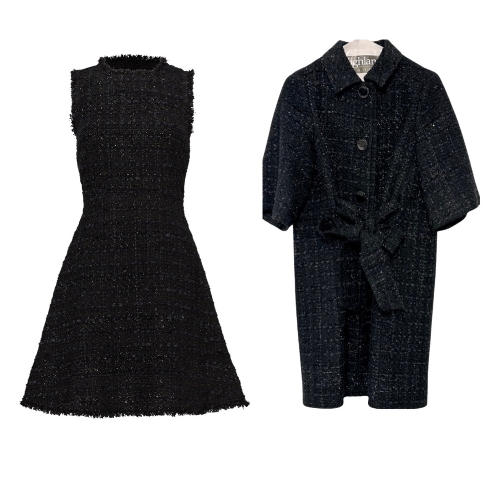 Kate Spade Black Sparkle Tweed Dress + Dress Coat SET Size 00 + 2 Garment Bags